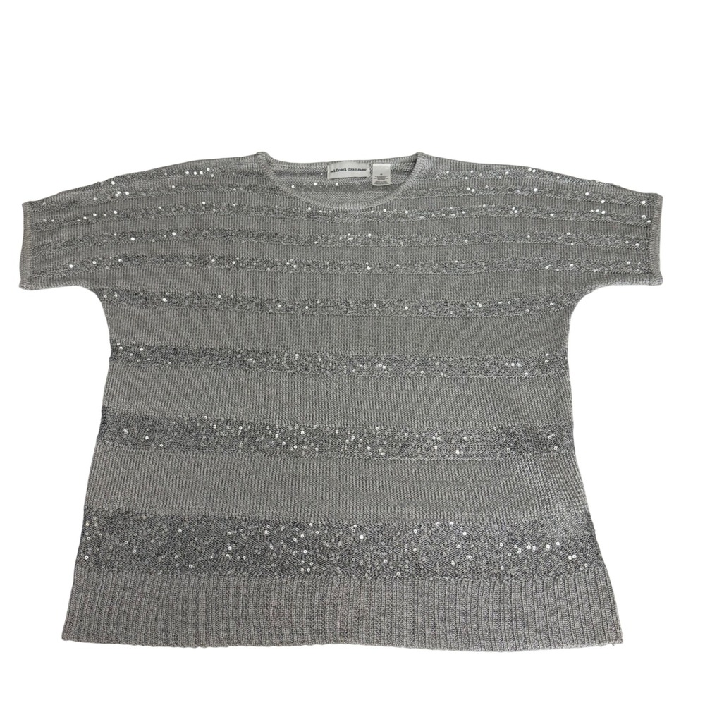 Alfred Dunner Womens Medium Silver Sequin Striped Short Sleeve Knit Top Metallic
